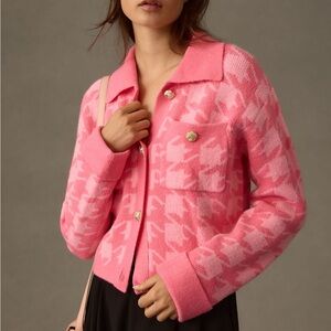 Anthropologie Pink Houndstooth Cardigan